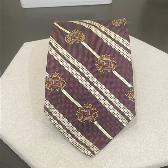 Tommy Hilfiger Other - Tommy Hilfiger Maroon Tie with Cream Stripes and Gold Crest Motifs